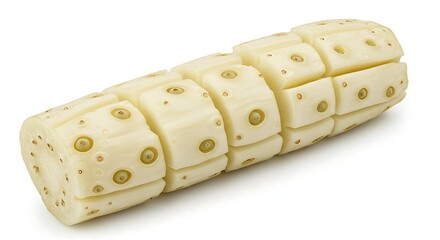 A close up of a peeled and sliced pineapple with the core still in it on a white background space ai generative