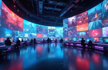 High-tech media control center features curved wall of screens displaying vibrant colorful content. Ambient lighting reflects off floor creating futuristic atmosphere. People monitor multiple data