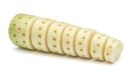 A peeled and sliced pineapple with the core still in it on a white background space ai generative