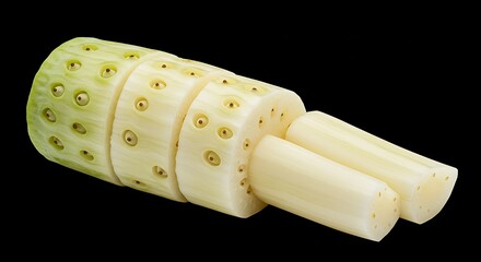 Close up of sliced lotus root showing the circular pattern of holes against a black background ai generative