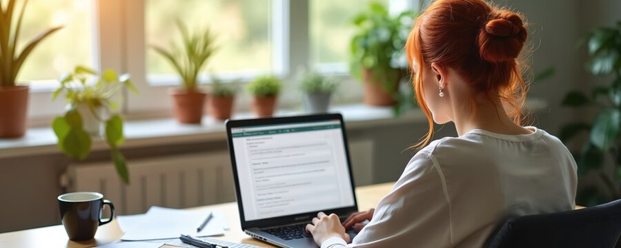 Redhead woman concentrates completing online survey on laptop. Workspace with plants, hot drink, papers. Business research, feedback, data analysis, marketing questionnaires, user interface tech.