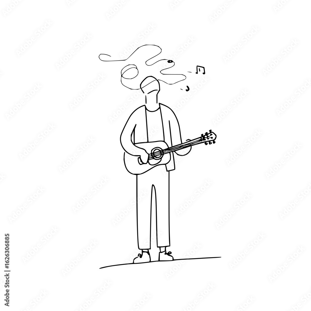 Poster a person standing and playing a guitar with music notes floating above their head in a simple line d