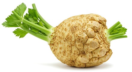A single celeriac with green stems and leaves is displayed on a plain white background in a studio shot ai generative