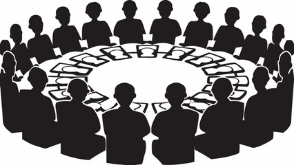Silhouette illustration of people seated around a round table with documents and meeting in progress