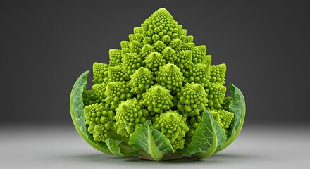 A close up of a vibrant green romanesco broccoli against a neutral gray background in studio lighting ai generative
