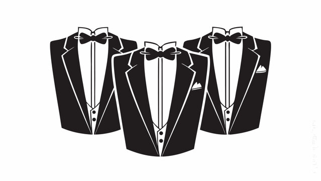 Three black and white tuxedo suits with bow ties and pocket squares arranged in a group formation