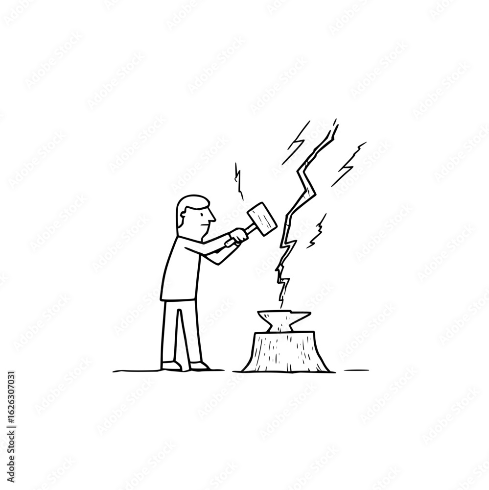Poster a simple drawing of a man holding a hammer above an anvil with lightning striking down on it sketch 