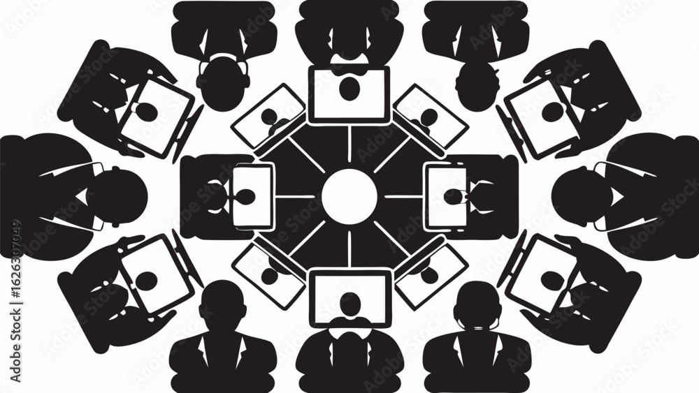 Poster illustration of a network of people connected by computers and a central hub in black and white