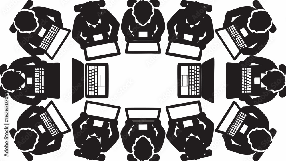 Poster overhead view of people around a table with laptops in a meeting or conference setting in black and 