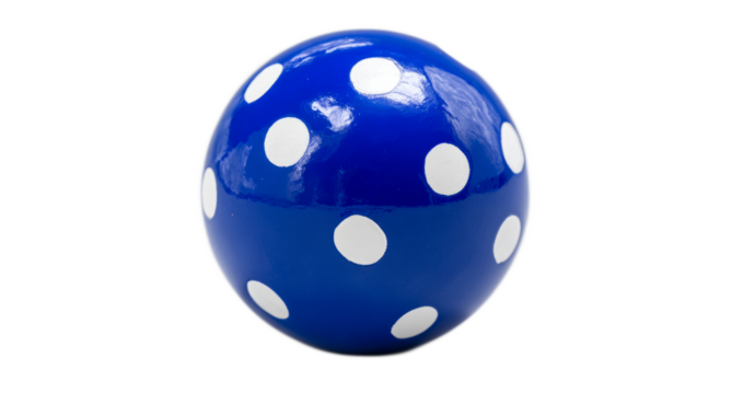 A shiny blue ball with evenly spaced white polka dots.