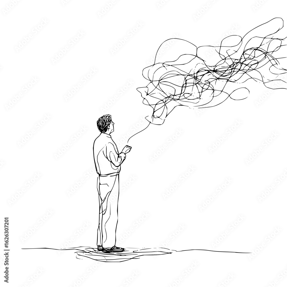 Poster a man stands holding a small object with abstract lines emanating from it in a black and white drawi