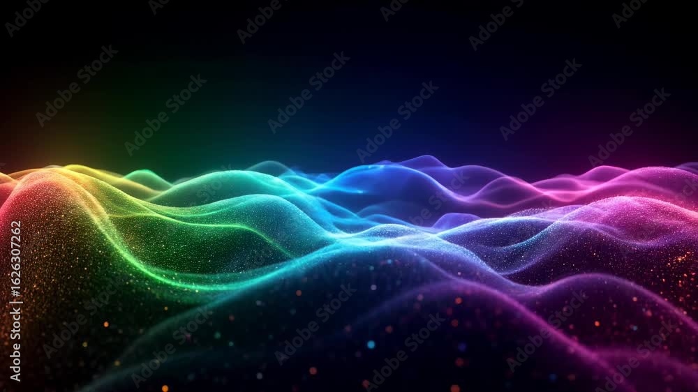 Poster abstract rainbow hills flowing design with colorful glowing particles on dark background. this abstr