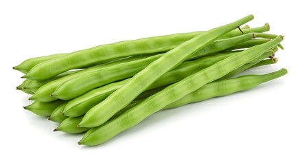 A close up of a pile of fresh green beans stacked on top of each other on a white background surface ai generative