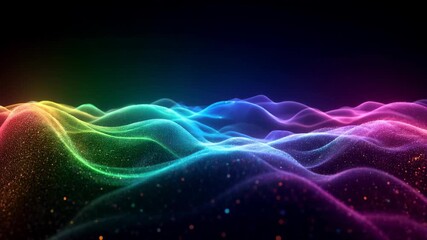 Abstract Rainbow Hills Flowing design with colorful glowing particles on dark background. This Abstract Rainbow Hills Flowing pattern shows undulating rainbow waves of light. - Powered by Adobe