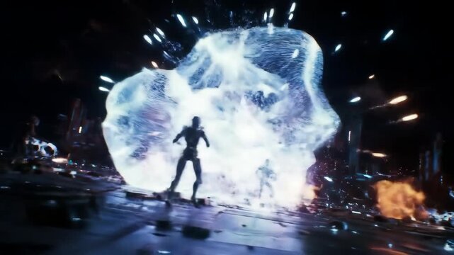 a futuristic battlefield with nanotech shields forming in realtime to deflect incoming projectiles