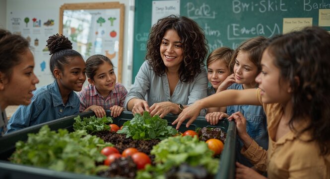 Teacher showing students a garden box with vegetables in a classroom learning about agriculture