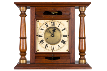 Rectangular Wooden Antique Wall Clock with Pendulum Cutout, isolated on transparent background