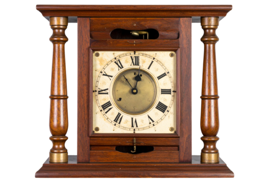 Rectangular Wooden Antique Wall Clock with Pendulum Cutout, isolated on transparent background