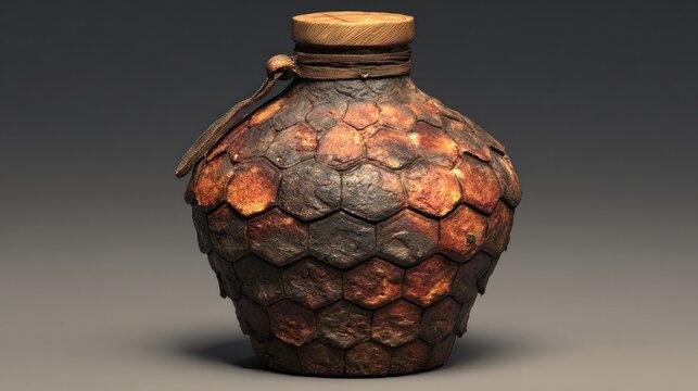 Aged, hexagonal, leather-covered jar with wooden stopper