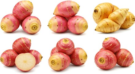 A oca tubers with red and yellow skin and some slices on a white background close up view ai generative