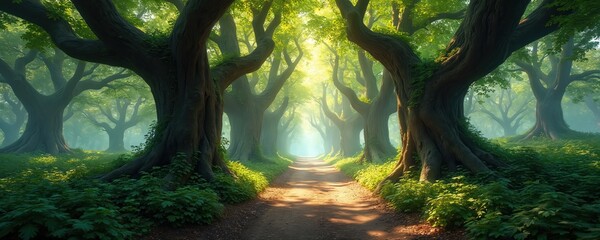Enchanted forest path lined with ancient, massive trees green foliage. Sunlight filters through dense canopy, illuminating winding dirt road with dappled shadows. Serene, natural landscape evokes