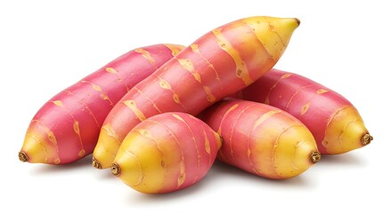A small pile of oca tubers with pink and yellow skin isolated on a white background in a studio shot ai generative