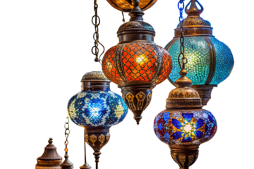 Photo of a collection of colorful, ornate moroccan and turkish hanging lanterns with intricate glass and metalwork, illuminated and isolated on transparent background