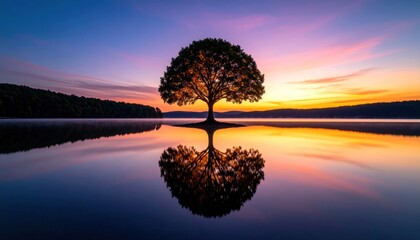 Lone Tree Reflection at Sunset on Lake  Nature Landscape.
