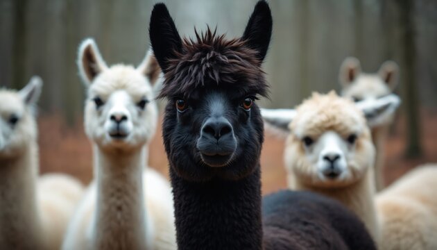 Striking portrait of black alpaca among white alpacas. Moody, serene forest setting. Contrast between black and white animals creates visual harmony. Peaceful natural ambience, tranquil wilderness.