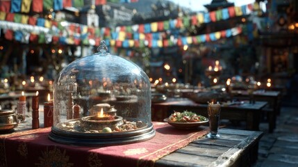 Fototapeta premium Outdoor market scene, glass dome, colorful flags
