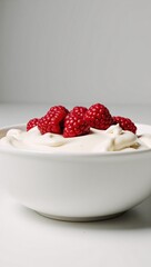 Ok bowl of cottage cheese with raspberries presented as a delicious treat