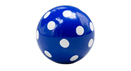 A shiny blue ball with evenly spaced white polka dots.