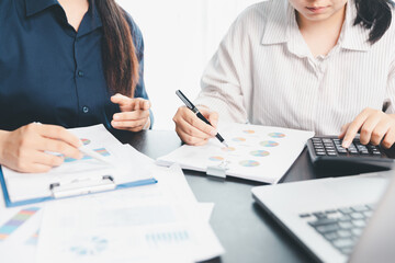 Business meeting, data analytics or women with graph presentation in office. Chart, analysis...
