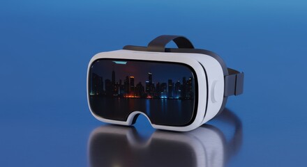 Immersive virtual reality headset with city skyline displayed on the screen for gaming and entertainment experiences with futuristic design on blue background