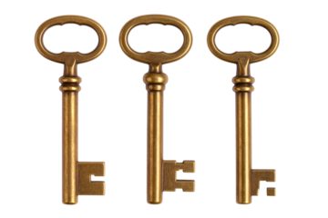 Set of Vintage Brass Skeleton Keys with Ornate Heads, isolated on transparent background