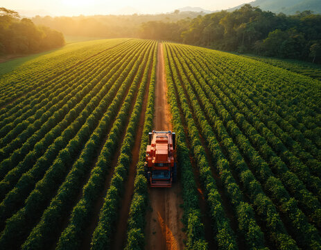Aerial view of coffee plantation during mechanized harvesting in Brazil. Farm equipment operates across rich green fields, cultivating ripe coffee plants. Agribusiness, rural landscape showcase