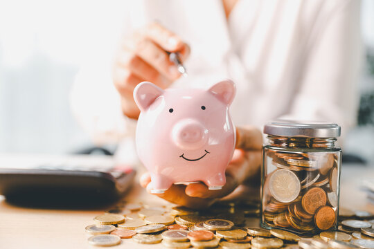Businesswoman focused on saving money, smart financial planning, using banking, investment strategies to grow business, build wealth, achieve success while contributing to overall economy growth.
