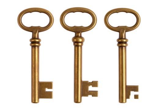 Set of Vintage Brass Skeleton Keys with Ornate Heads, isolated on transparent background - Powered by Adobe
