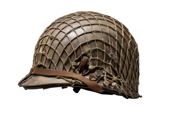 WWII military helmet, side view,  showing netting and straps