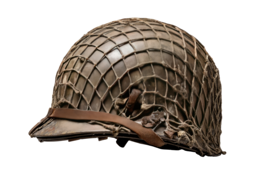 WWII military helmet, side view,  showing netting and straps