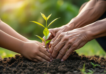 Fototapeta premium A veteran's hands guide a child's to plant a sapling. A symbol of legacy, hope, and the peace veterans fought for.