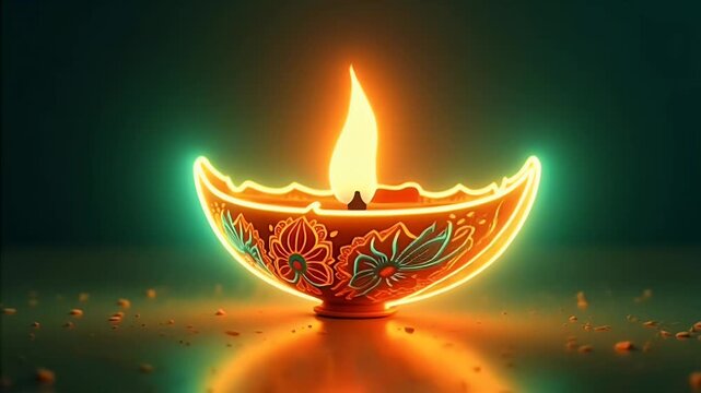 A mesmerizing K loop showcases rotating neon lit diya lamp whose emerald saffron lotus pink glow radiates warm festive energy making it perfect Deepavali opener cultural ident luxury style