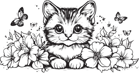 Adorable kitten peeking out from a bed of beautiful blooming flowers surrounded by delicate butterflies in a whimsical illustration