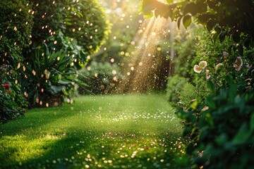 Fototapeta premium Automatic Garden Sprinkler System Watering Green Lawn in a Beautiful Garden with Copy Space