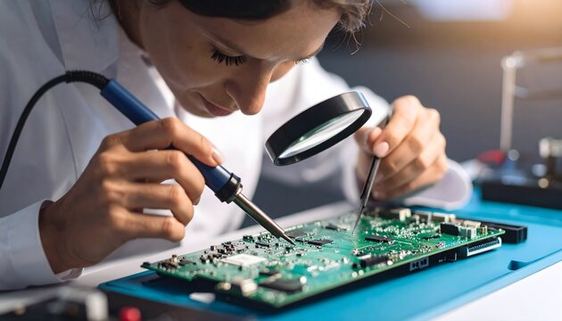 A focused technician meticulously soldering electronic components onto a green circuit board using specialized tools.