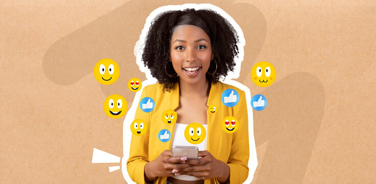 A joyful African American woman with curly hair smiles as she chats on her smartphone. Colorful emojis surround her, indicating engagement with friends and sharing positive moments online. - Powered by Adobe