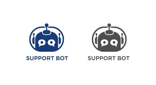 Two stylized robot head logos with the letters pq inside representing customer support and ai assistance
