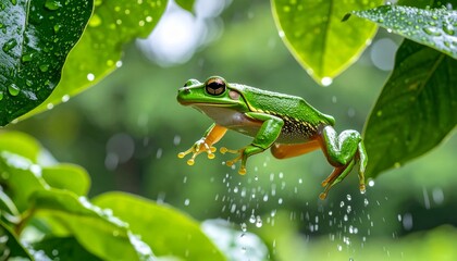 Fototapeta premium Green frog leaps on wet leaf forest