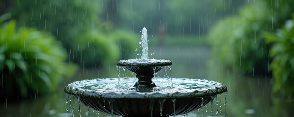 Rainy day at stone fountain with cascading water. Blurred green foliage background emphasizes the motion and flow of raindrops falling. Pure, fresh, natural water scene.