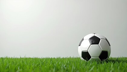 Classic soccer ball rests on green grass field. Black and white spherical sports equipment waits for game play. Isolated object against clean minimalist background.